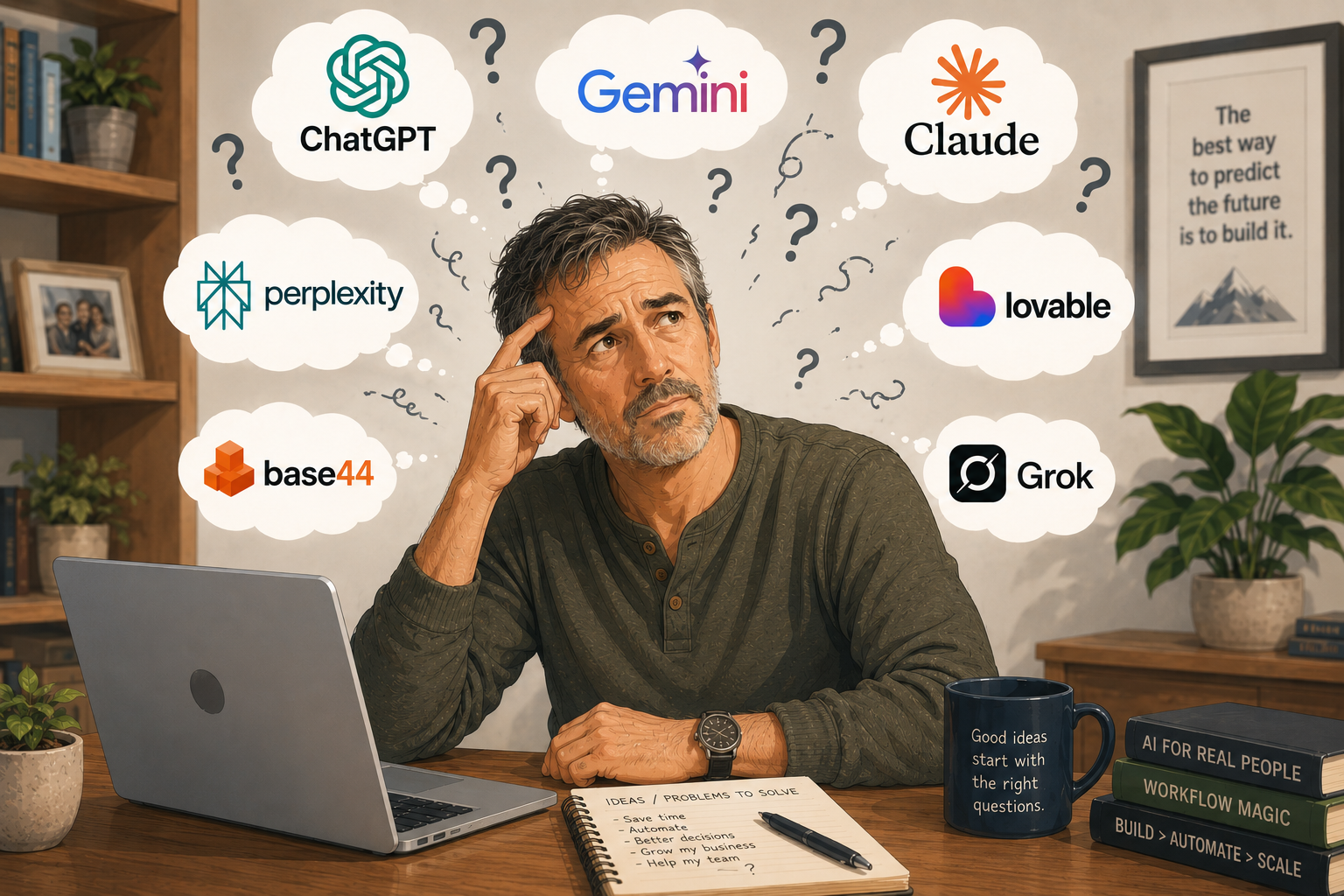 A person at a laptop with AI tool icons floating overhead